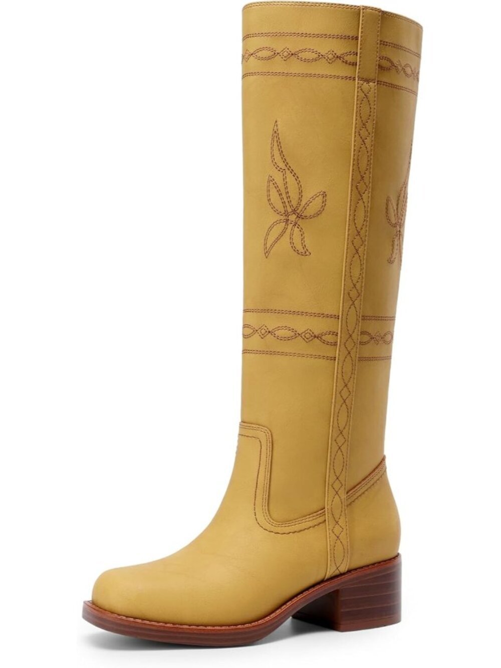Women's Yellow Knee High Boot Pull On Tall Shaft Western Stitching Vintage Style